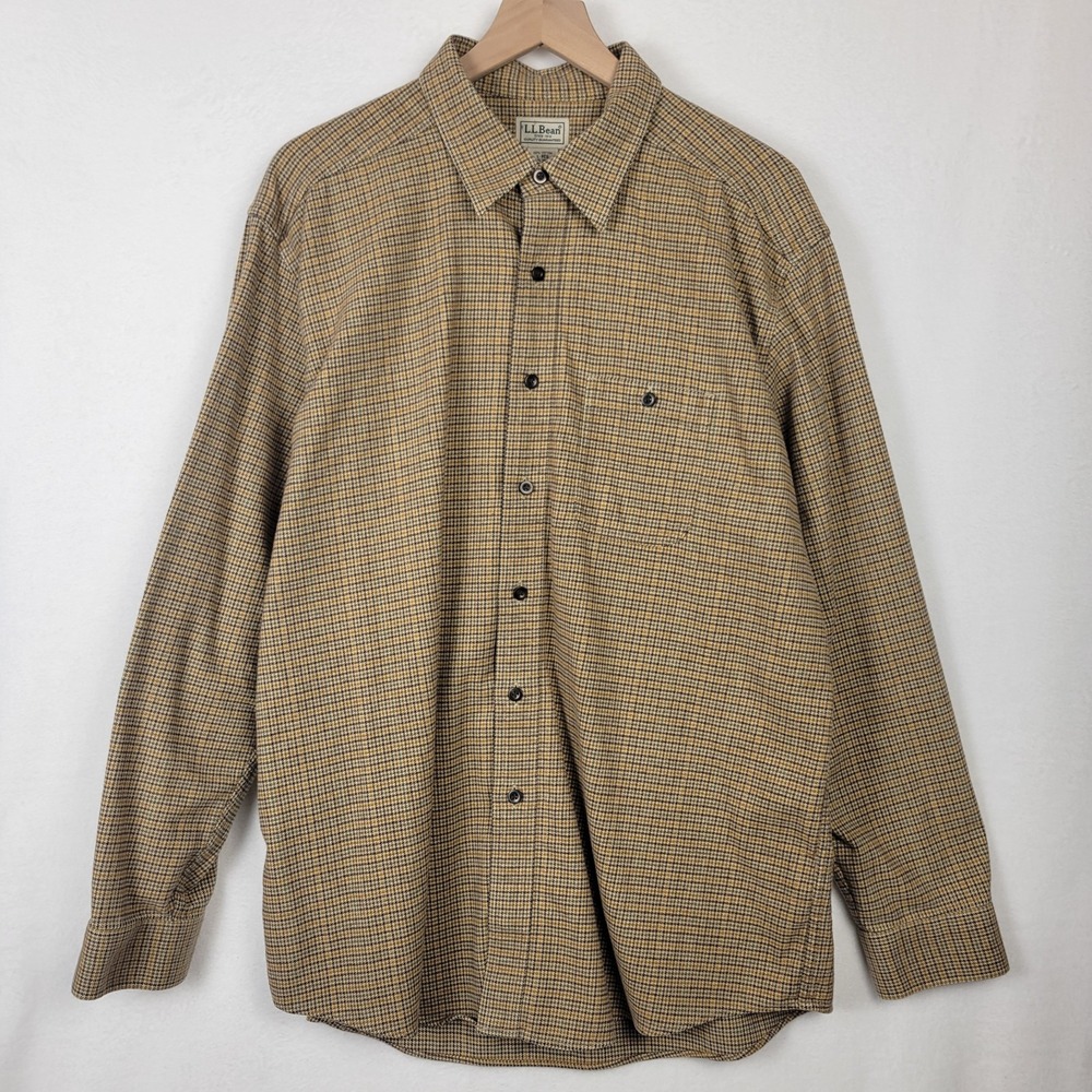 L.L. Bean Long Sleeve Button Down Shirt Men's L Reg Brown Cotton Micro Plaid EUC